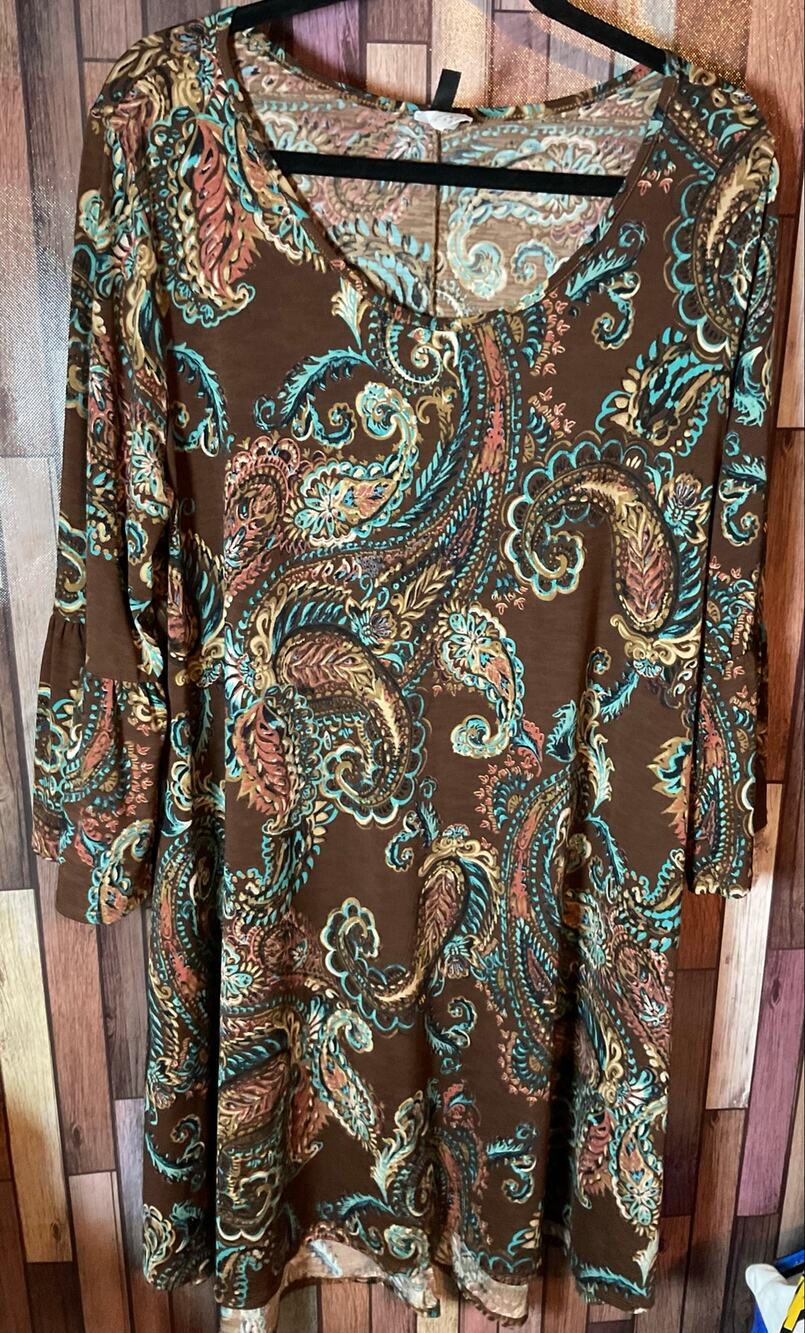 Women’s Brown Aqua Tan Paisley Print Dress by Yahada Size 2X EUC